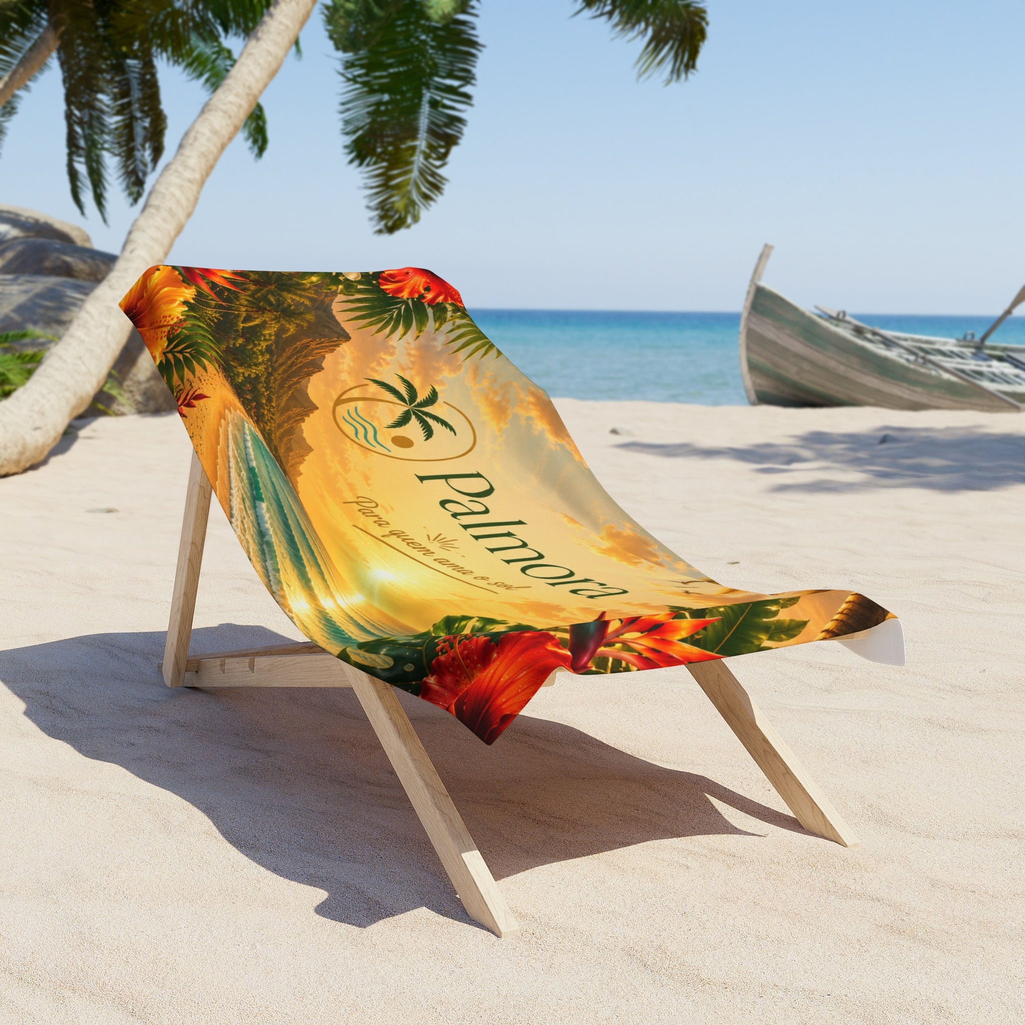 Palmora Sunset Beach Towel — Tropical Paradise Design with "Para quien ama el sol"