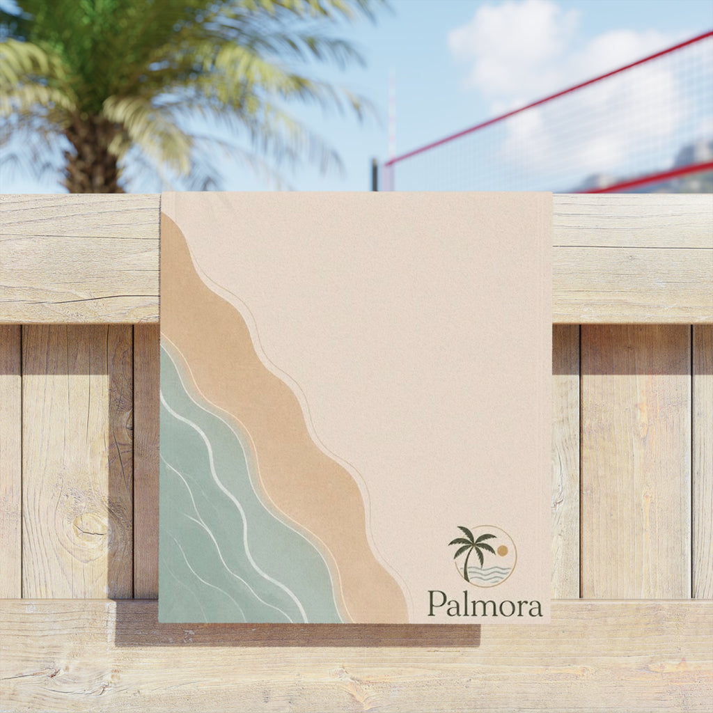 Palmora Coastal Beach Towel — Minimal Palm Leaf & Wave Design
