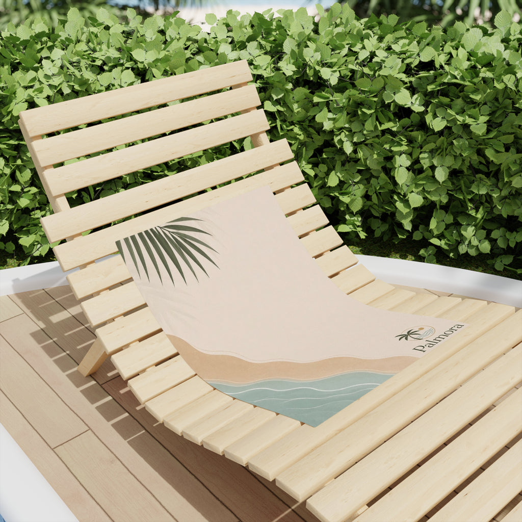 Palmora Coastal Beach Towel — Minimal Palm Leaf & Wave Design