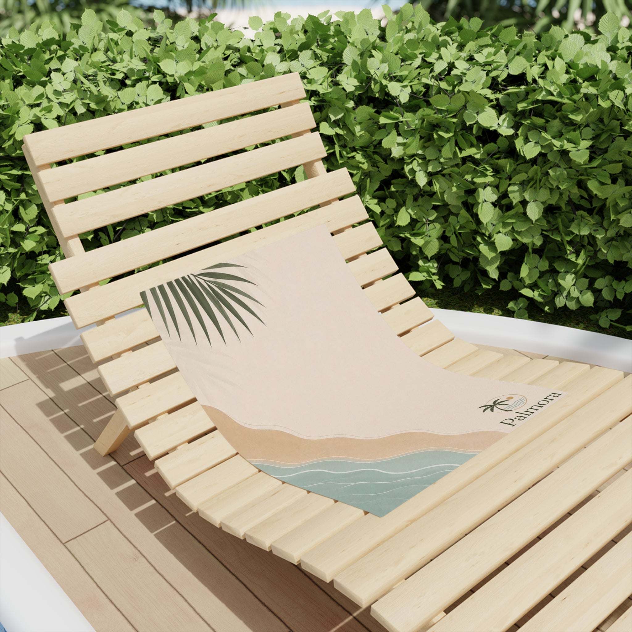 Palmora Coastal Beach Towel — Minimal Palm Leaf & Wave Design