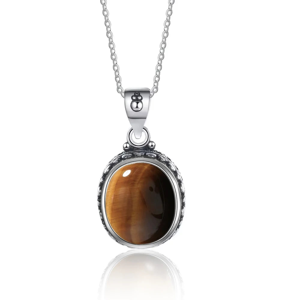 Certified Original 925 Silver Necklace Tiger Eye Stone Oval Shape Natural Stone 10*12MM Retro Necklace with Chain for Women Men