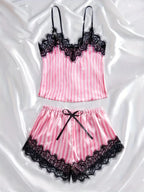 Summer Silk Satin Women's V-Neck Sexy Lace Suspender Pajama Shorts Set Stripes Heart Casual Women's Sleeveless Sexy Pajama Set