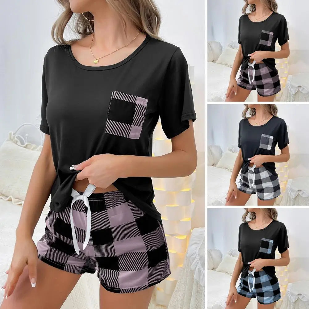Women's new style pajamas set Black top plaid shorts two-piece casual home wear