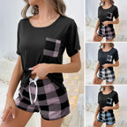 Women's new style pajamas set Black top plaid shorts two-piece casual home wear