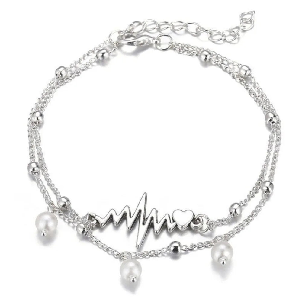 New Creative Personality  ECG Heart Imitation Pearl Double-layered Stackable Anklets for Women Men Summer Street Concert Jewelry
