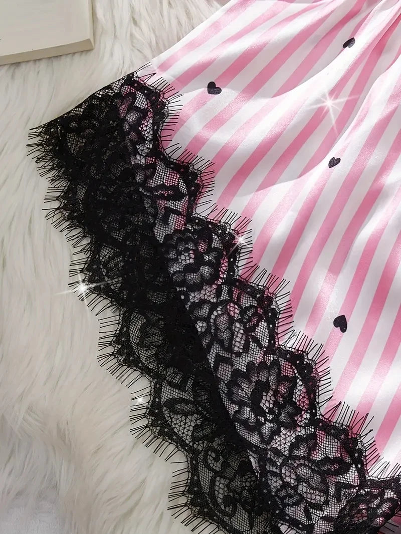 Summer Silk Satin Women's V-Neck Sexy Lace Suspender Pajama Shorts Set Stripes Heart Casual Women's Sleeveless Sexy Pajama Set