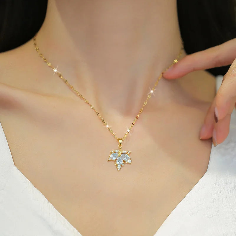 Temperament Crystal Maple Leaf Pendant Necklace Earrings for Women Charm Gold Color Stainless Steel Bride Chokers Jewelry Set