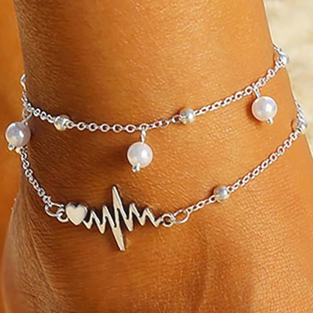 New Creative Personality  ECG Heart Imitation Pearl Double-layered Stackable Anklets for Women Men Summer Street Concert Jewelry