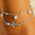 New Creative Personality  ECG Heart Imitation Pearl Double-layered Stackable Anklets for Women Men Summer Street Concert Jewelry