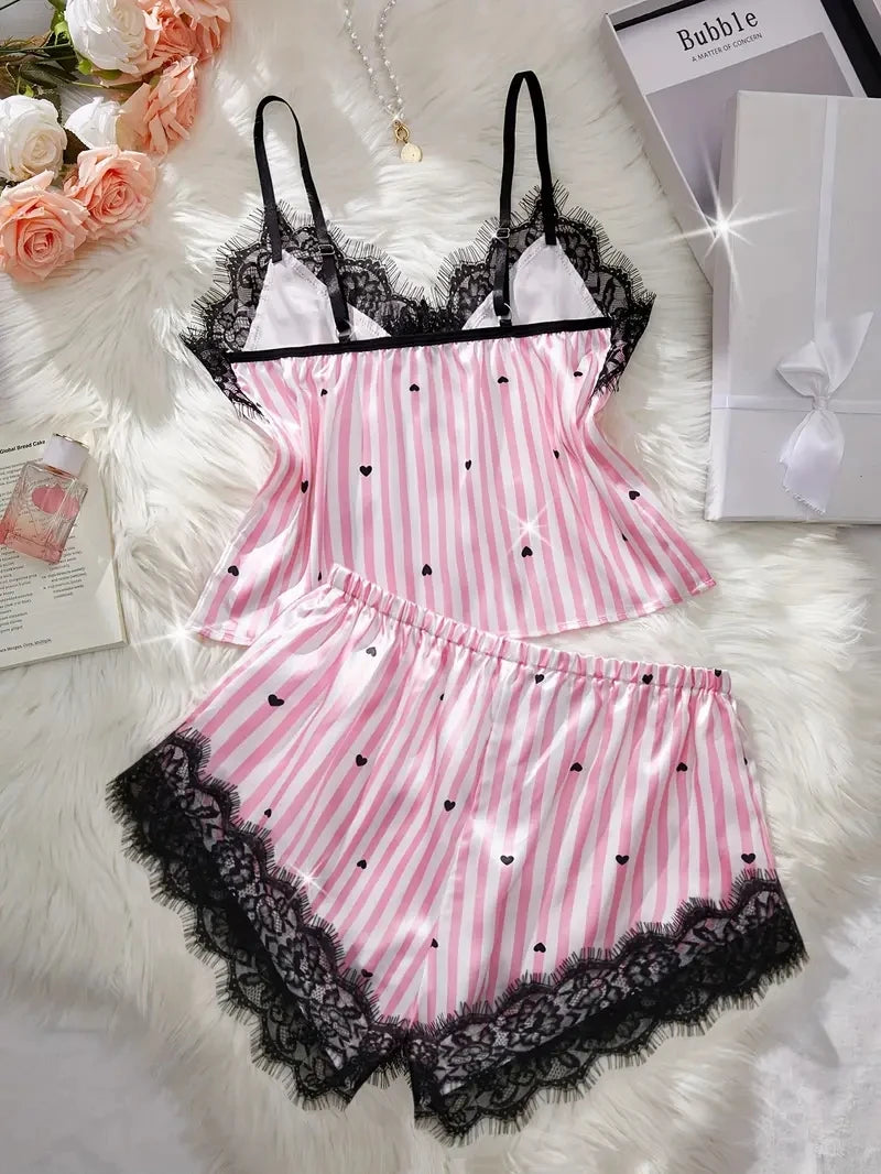 Summer Silk Satin Women's V-Neck Sexy Lace Suspender Pajama Shorts Set Stripes Heart Casual Women's Sleeveless Sexy Pajama Set