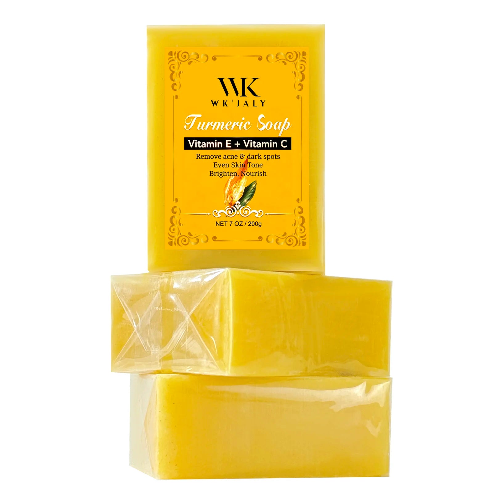 WK JALY Natural Turmeric Soap, Vitamin E + Vitamin C Body Wash, Remove Acne, Dark Spots, Even Skin Tone for Women, 200g/7oz