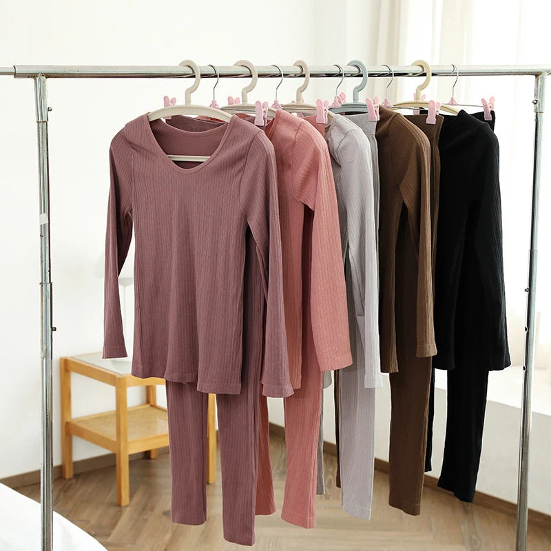 4 Pieces Women Warm Thermal UnderwearSet Sexy Long Sleeve Winter Clothes Ribbed Thermal Intimate Set Ladies Thick Sleepwear New