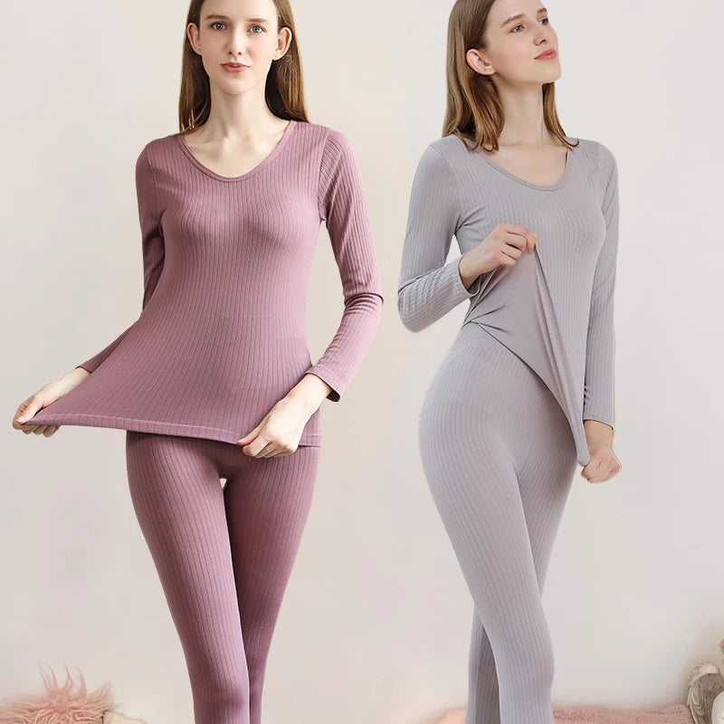 4 Pieces Women Warm Thermal UnderwearSet Sexy Long Sleeve Winter Clothes Ribbed Thermal Intimate Set Ladies Thick Sleepwear New