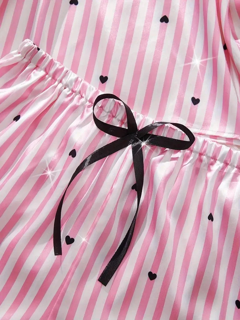 Summer Silk Satin Women's V-Neck Sexy Lace Suspender Pajama Shorts Set Stripes Heart Casual Women's Sleeveless Sexy Pajama Set