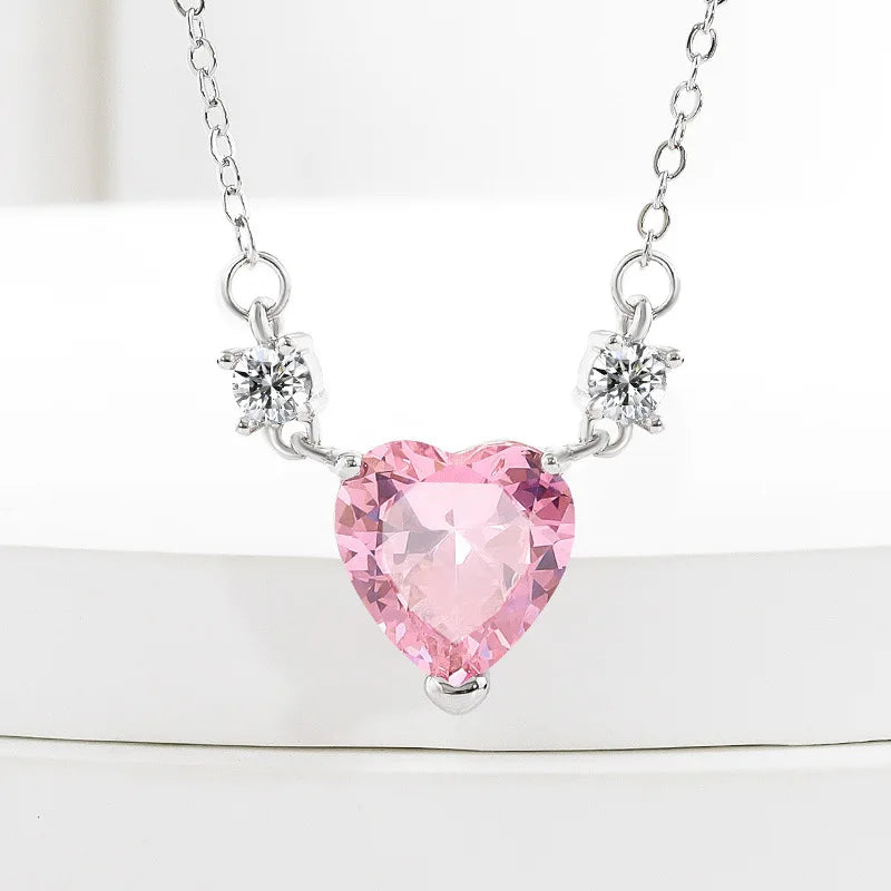 Light Luxury 925 Sterling Silver Pink Diamond Love Zircon Pendant Niche Exquisite Ladies Necklace Birthday Banquet Jewelry