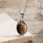 Certified Original 925 Silver Necklace Tiger Eye Stone Oval Shape Natural Stone 10*12MM Retro Necklace with Chain for Women Men