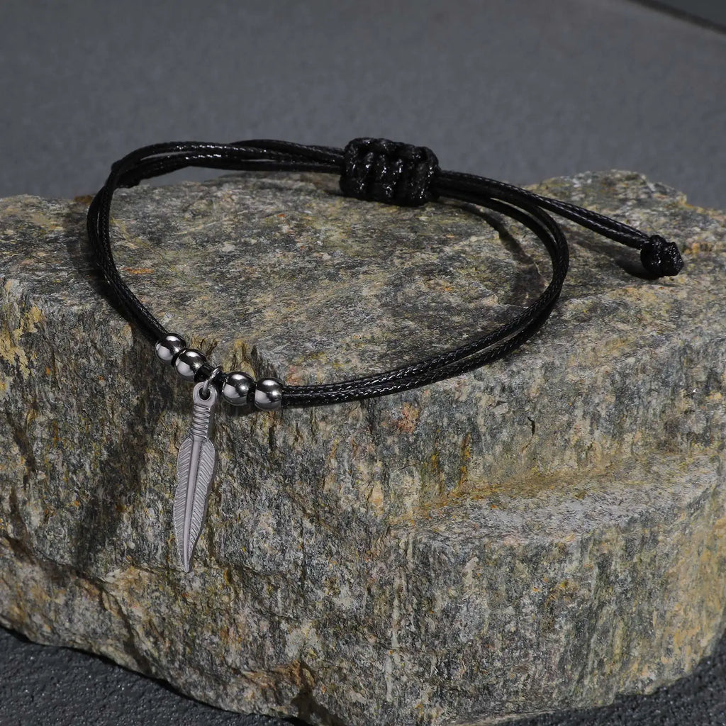 Casual Handmade Braided String Rope Chain Anklets for Men,Stylish Feather Beads Charm Ankle Bracelet,Beach Barefoot Gift Jewelry