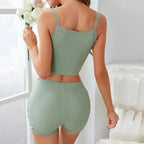 Underwear Sleepwear Sets 2 pieces Pajamas Button Cropped Lace Tops + High Elastic Waist Skinny Shorts Suits Homewear