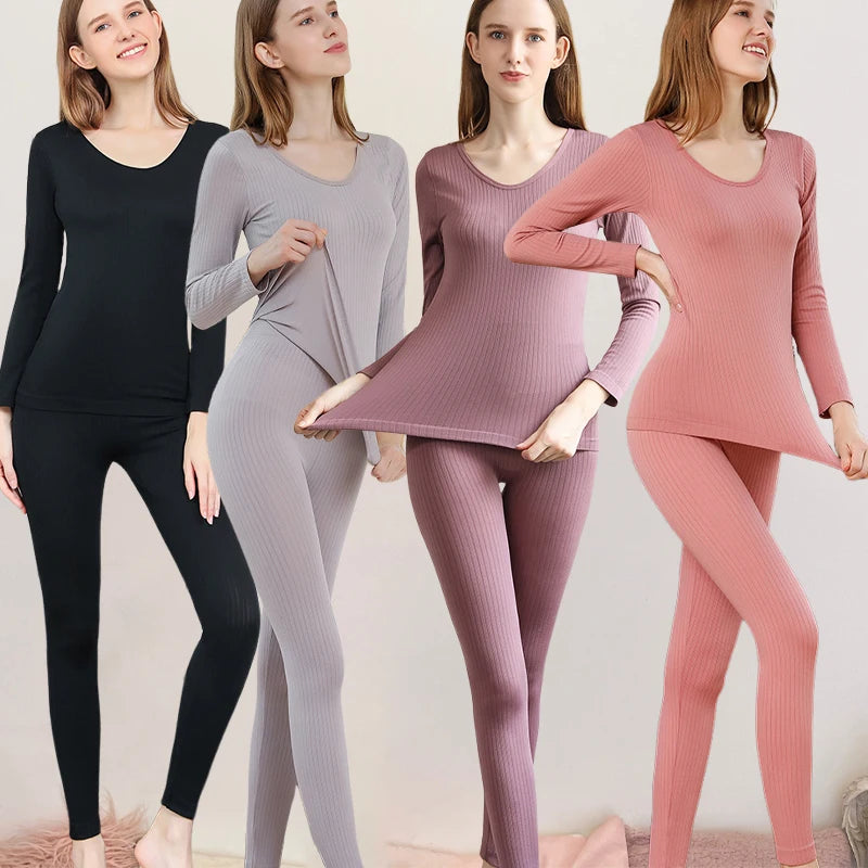 4 Pieces Women Warm Thermal UnderwearSet Sexy Long Sleeve Winter Clothes Ribbed Thermal Intimate Set Ladies Thick Sleepwear New
