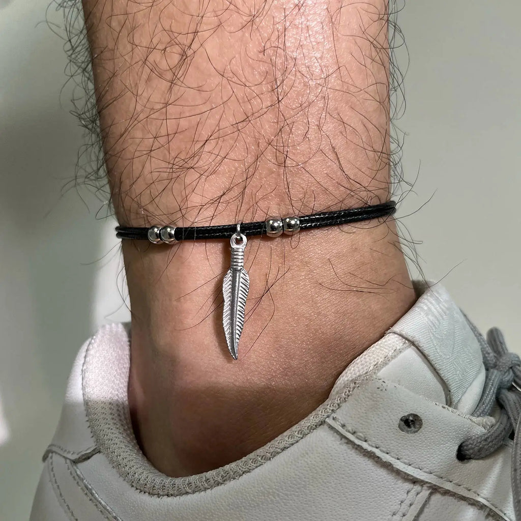 Casual Handmade Braided String Rope Chain Anklets for Men,Stylish Feather Beads Charm Ankle Bracelet,Beach Barefoot Gift Jewelry