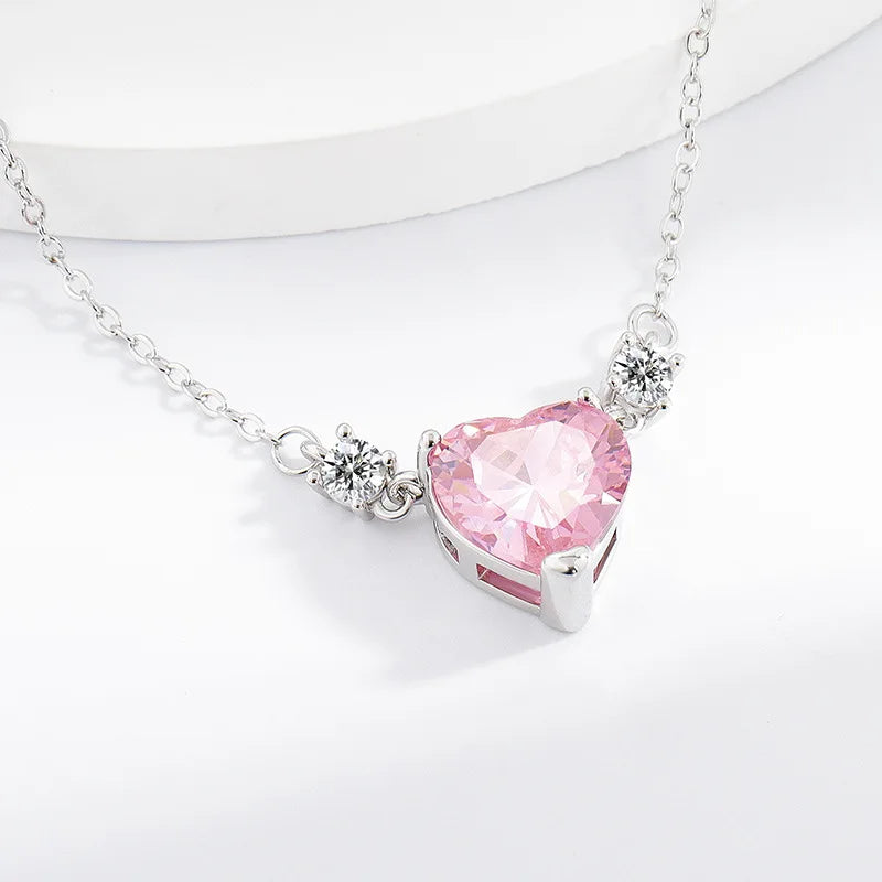 Light Luxury 925 Sterling Silver Pink Diamond Love Zircon Pendant Niche Exquisite Ladies Necklace Birthday Banquet Jewelry