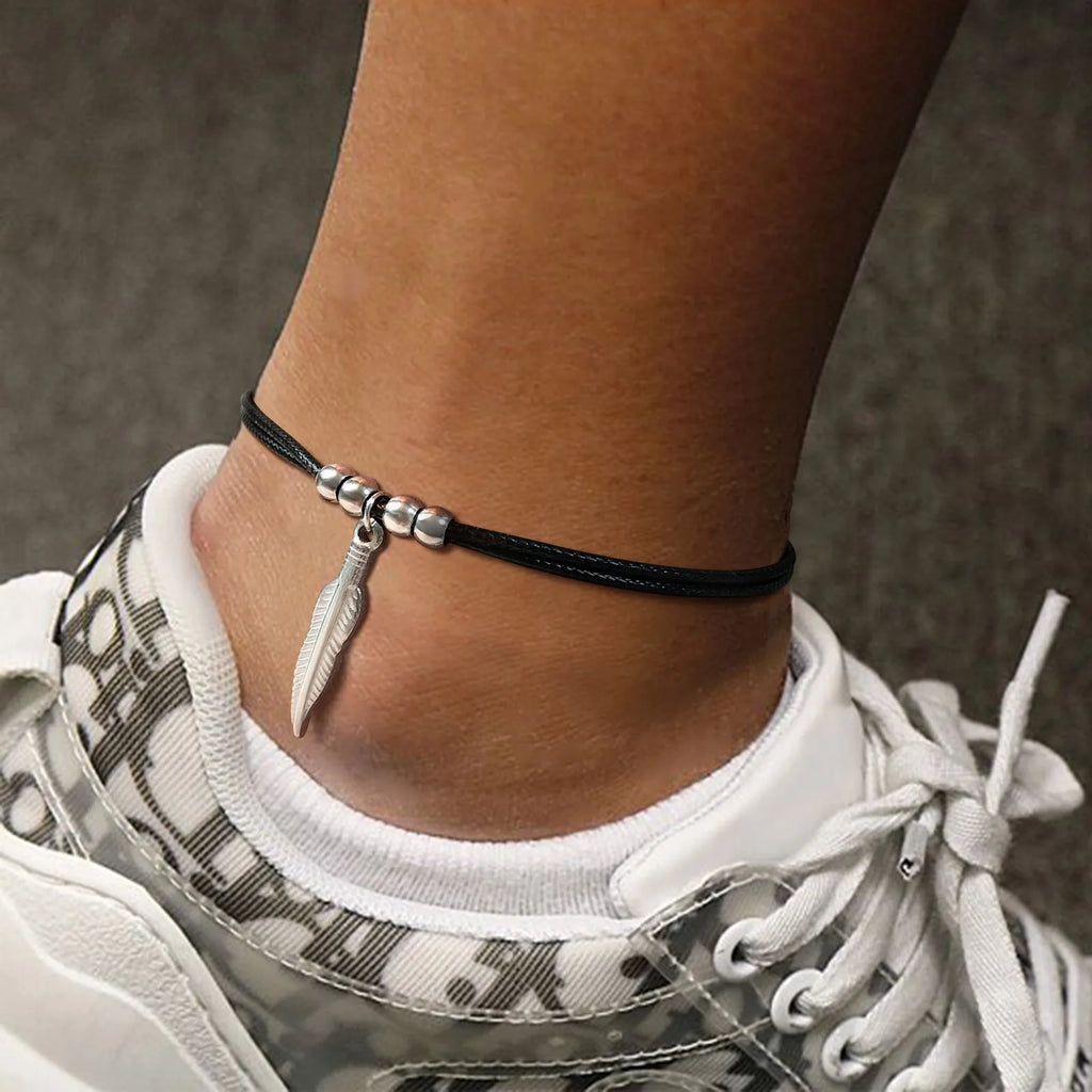 Casual Handmade Braided String Rope Chain Anklets for Men,Stylish Feather Beads Charm Ankle Bracelet,Beach Barefoot Gift Jewelry