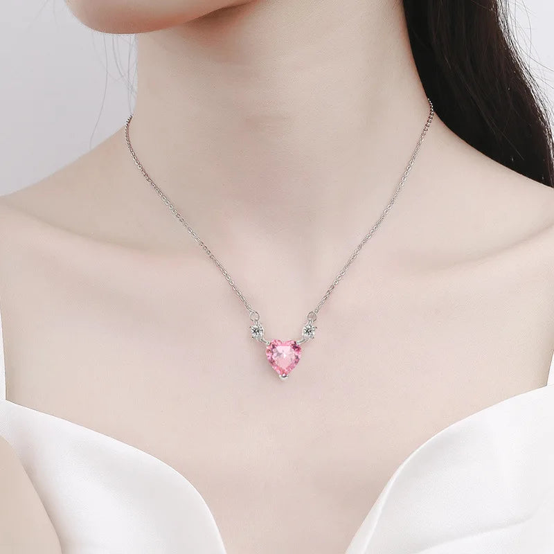 Light Luxury 925 Sterling Silver Pink Diamond Love Zircon Pendant Niche Exquisite Ladies Necklace Birthday Banquet Jewelry
