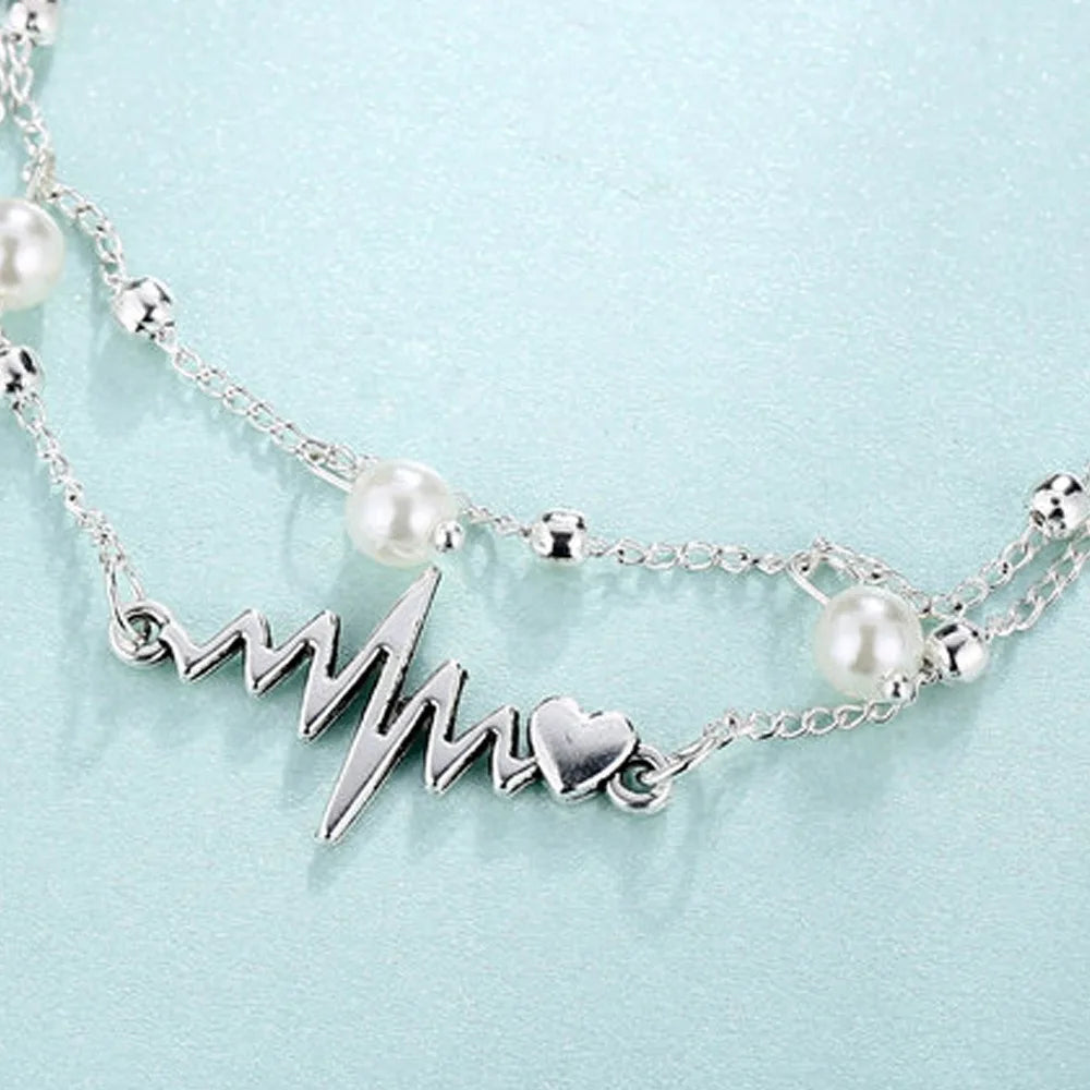 New Creative Personality  ECG Heart Imitation Pearl Double-layered Stackable Anklets for Women Men Summer Street Concert Jewelry