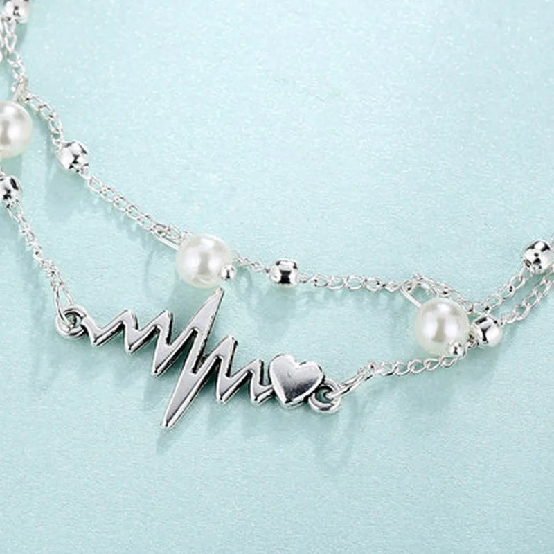 New Creative Personality  ECG Heart Imitation Pearl Double-layered Stackable Anklets for Women Men Summer Street Concert Jewelry