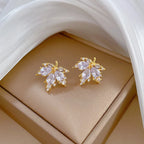 Temperament Crystal Maple Leaf Pendant Necklace Earrings for Women Charm Gold Color Stainless Steel Bride Chokers Jewelry Set