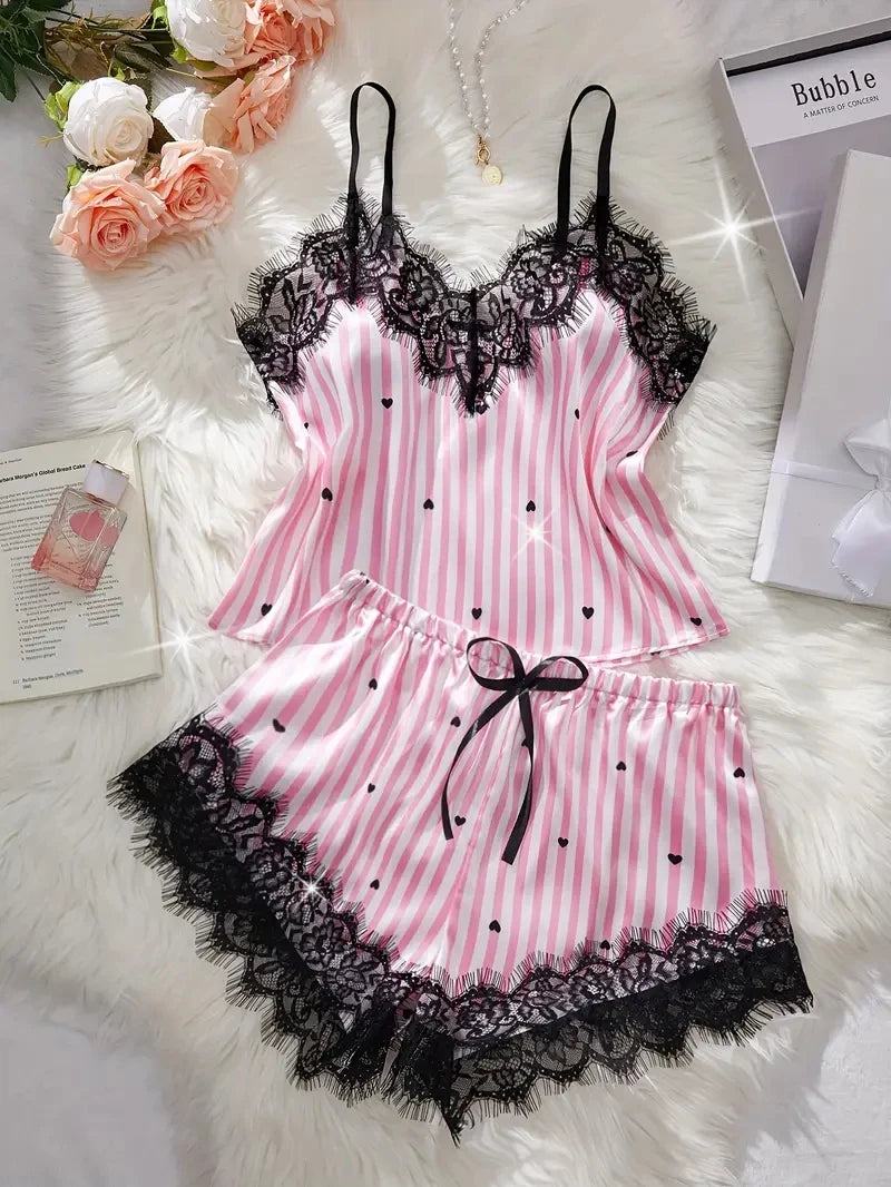 Summer Silk Satin Women's V-Neck Sexy Lace Suspender Pajama Shorts Set Stripes Heart Casual Women's Sleeveless Sexy Pajama Set