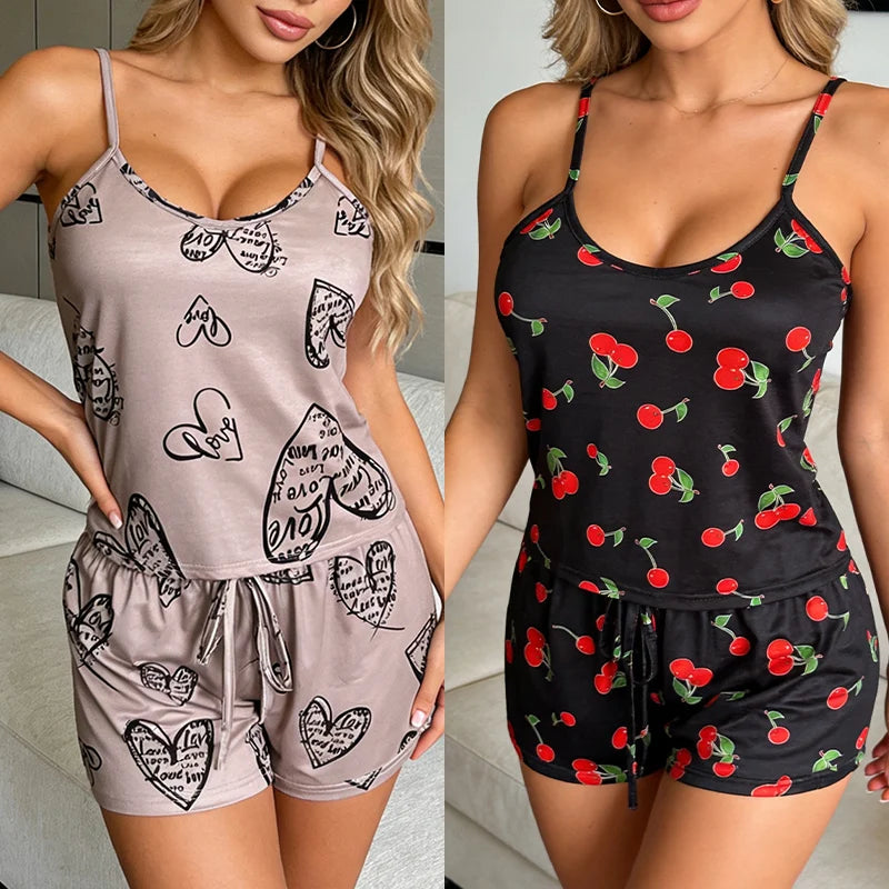 Women's Floral Print Pajama Set Spaghetti Strap V Neck Shorts Sleepwear Summer Breathable Loungewear Multi Print Casual Homewear