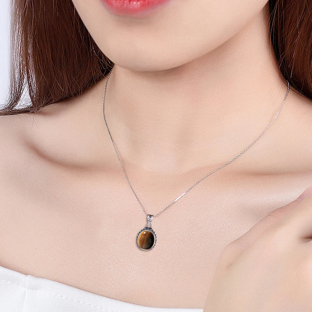 Certified Original 925 Silver Necklace Tiger Eye Stone Oval Shape Natural Stone 10*12MM Retro Necklace with Chain for Women Men
