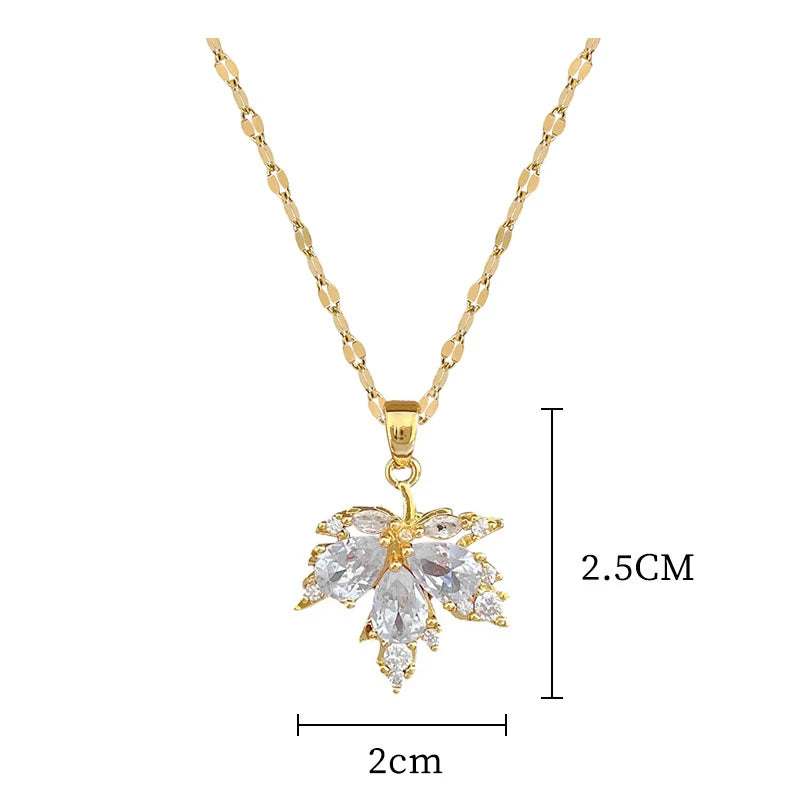 Temperament Crystal Maple Leaf Pendant Necklace Earrings for Women Charm Gold Color Stainless Steel Bride Chokers Jewelry Set