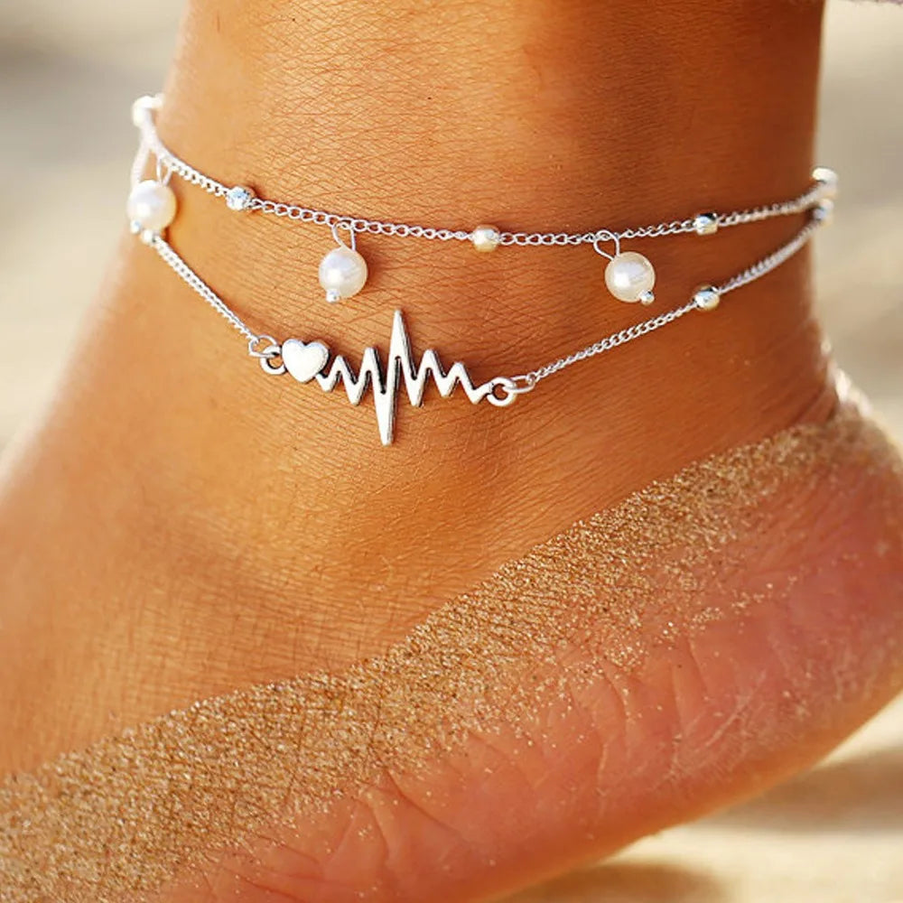 New Creative Personality  ECG Heart Imitation Pearl Double-layered Stackable Anklets for Women Men Summer Street Concert Jewelry