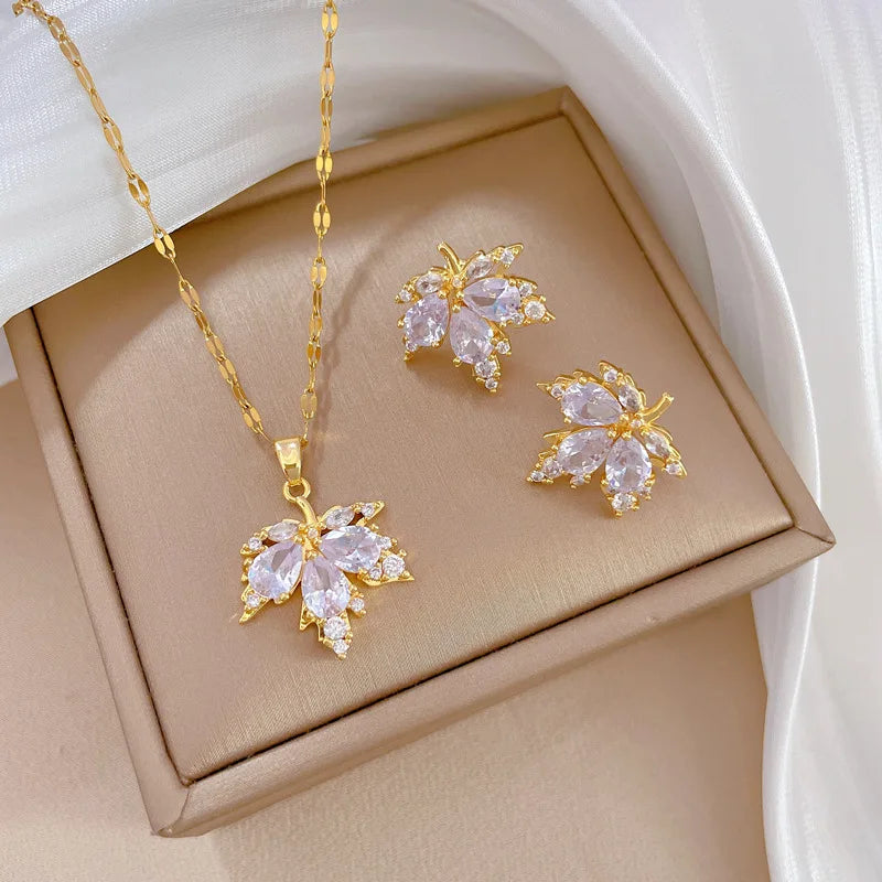 Temperament Crystal Maple Leaf Pendant Necklace Earrings for Women Charm Gold Color Stainless Steel Bride Chokers Jewelry Set