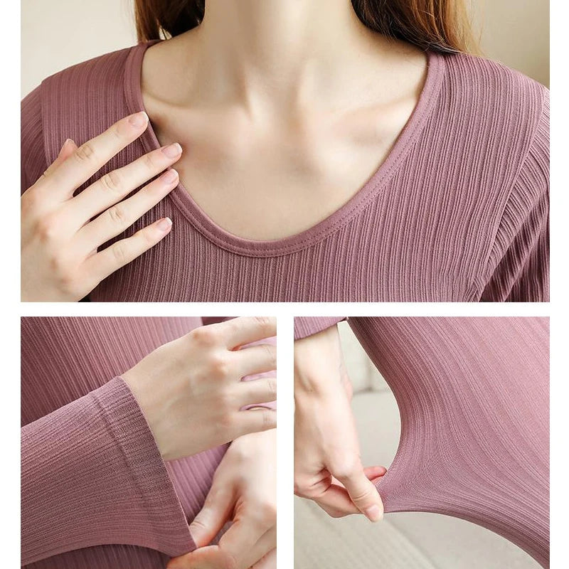 4 Pieces Women Warm Thermal UnderwearSet Sexy Long Sleeve Winter Clothes Ribbed Thermal Intimate Set Ladies Thick Sleepwear New