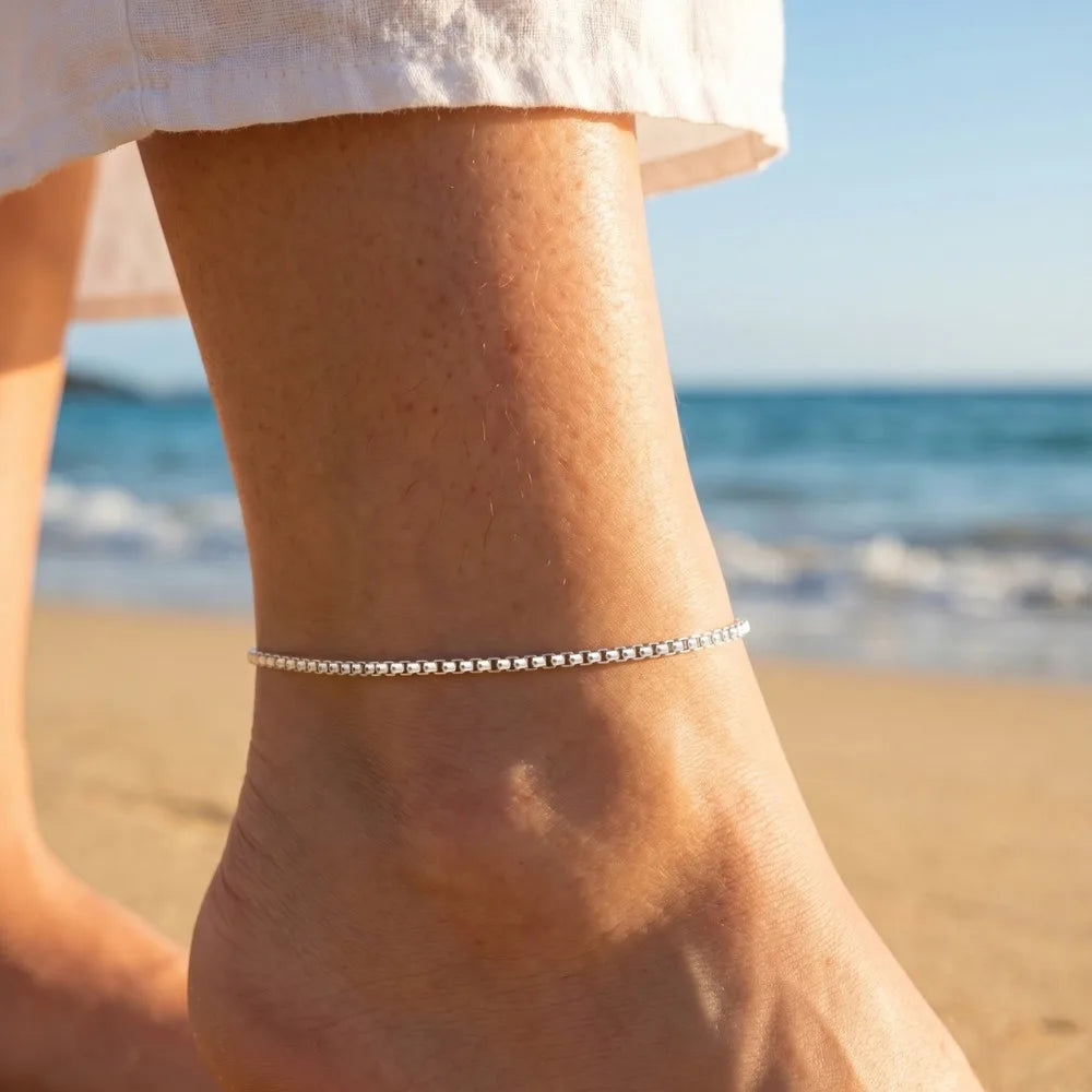 Minimalist Unisex Stainless Steel Box Chain Thin Link Adjustable Anklets for Men Women Basic Stackable Casual Beach Foot Jewelry